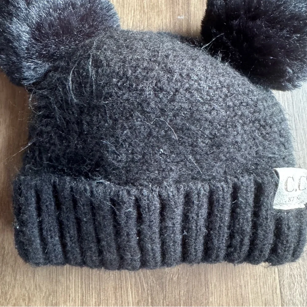 CC Toddler Girls Black Pom Pom Beanie Hat Knit Comfy Outdoor Cozy Casual Warm